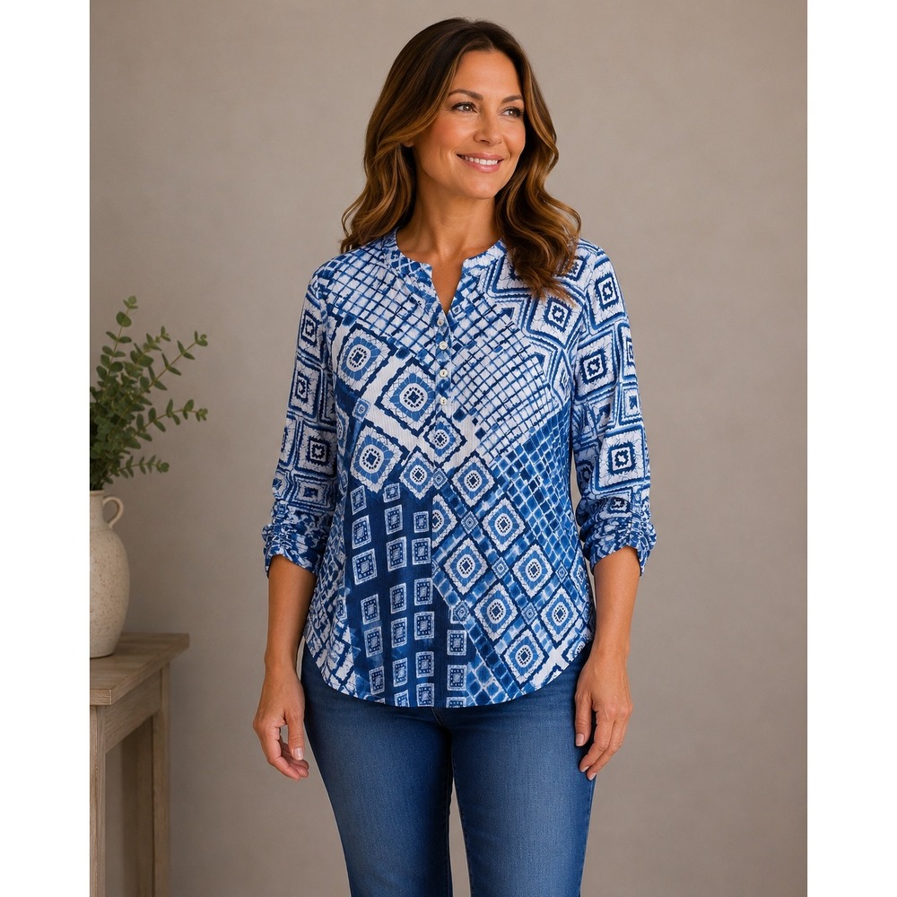 Alfred Dunner Henley Top Womens PL Blue Geometric Ruched Lightweight Summer Boho